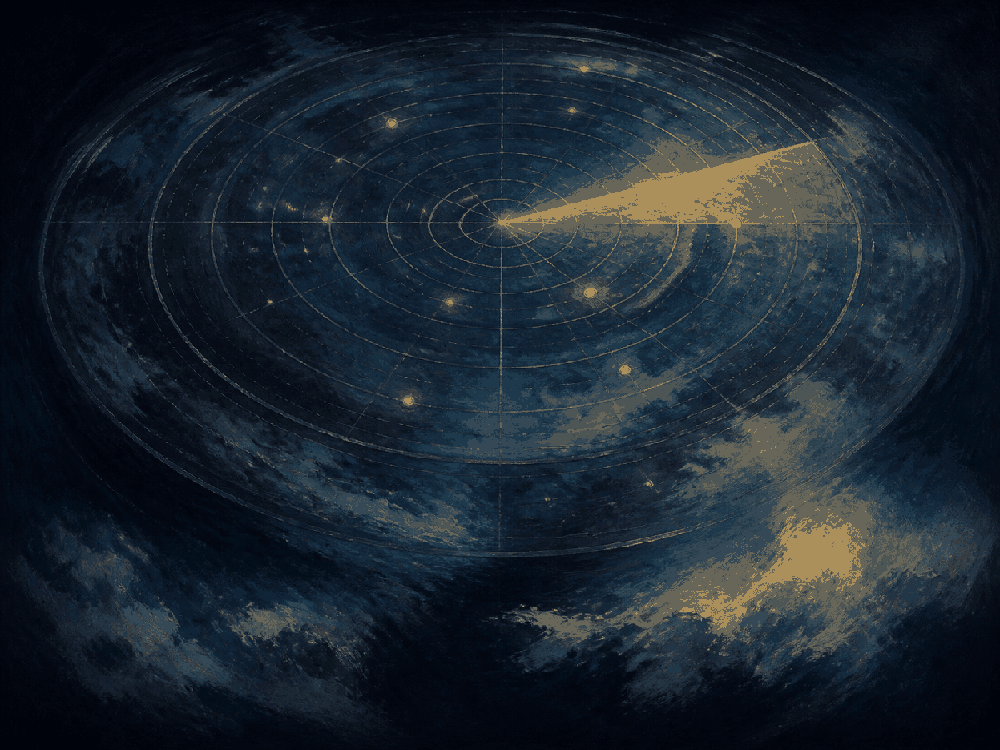 Pintura editorial de um radar varrendo um céu noturno com pontos luminosos