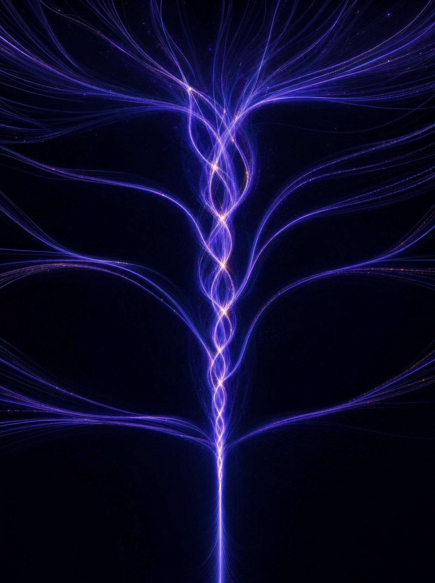 Arte abstrata de fios de luz convergindo em um único filamento, representando o histórico unificado de conversas de um contato