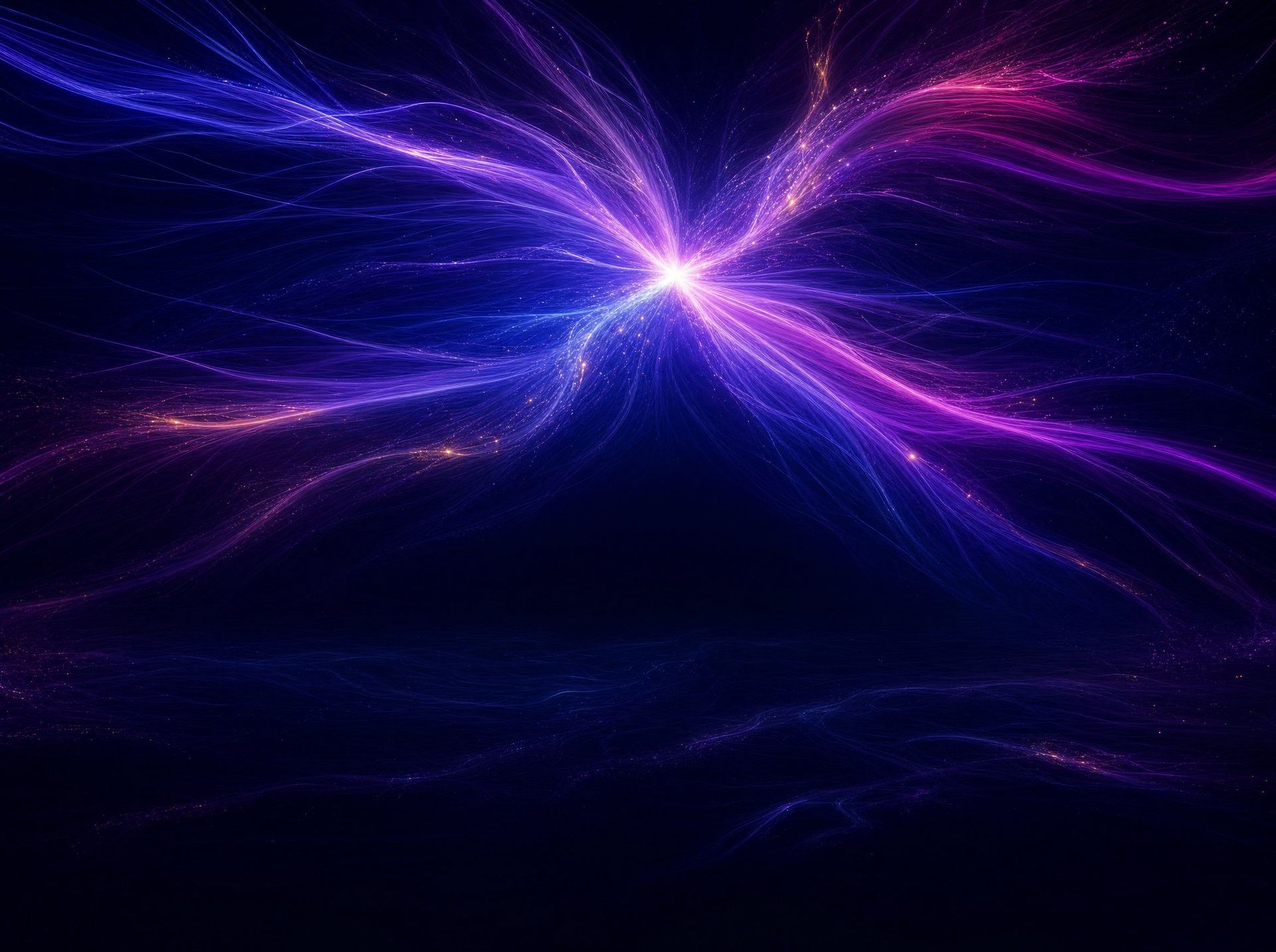 Arte abstrata de quatro feixes de luz convergindo em um núcleo central, representando fontes de dados dispersas alimentando um único painel