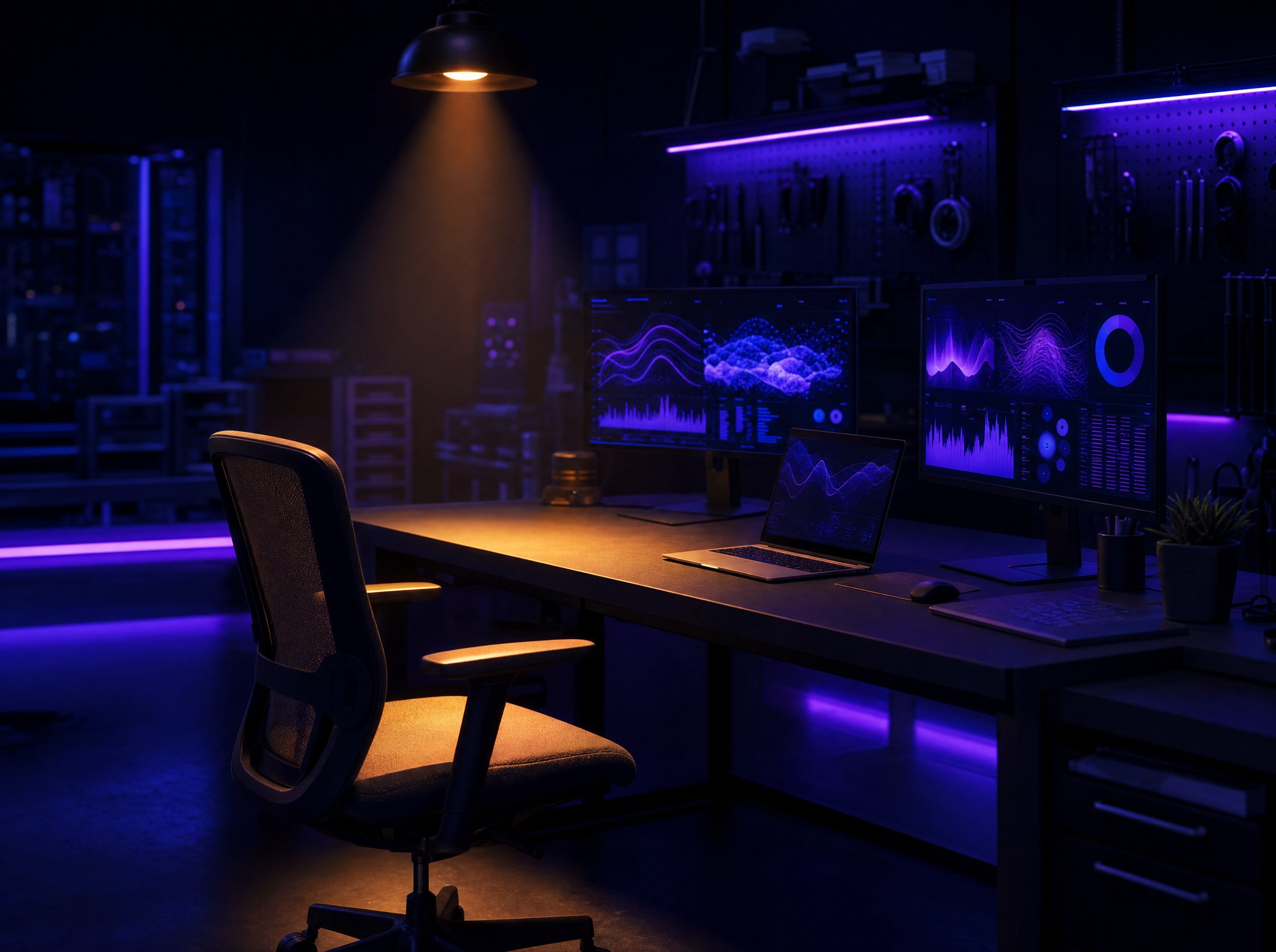 Oficina escura com bancada de trabalho, monitores exibindo painéis de dados em tons de violeta e uma cadeira vazia iluminada por luz âmbar, esperando alguém