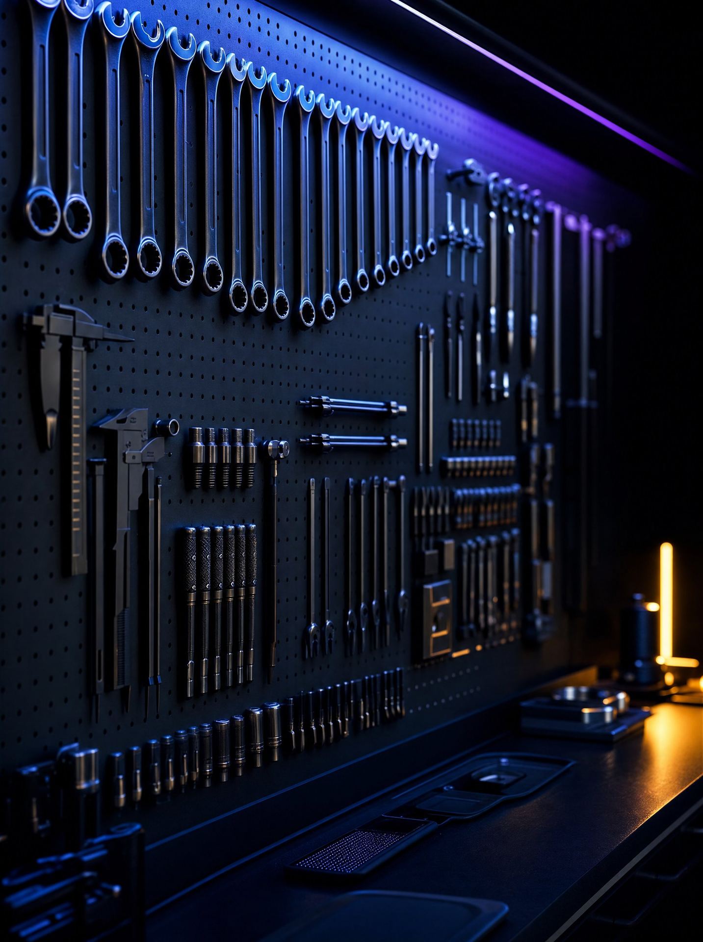 Parede de ferramentas de uma oficina escura com instrumentos organizados com precisão, iluminada por faixas de luz índigo e violeta